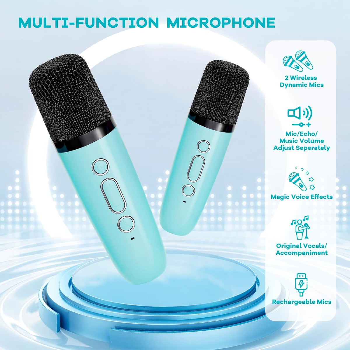 Skanto | Draagbare Mini-Karaoke-machine met Bluetooth-luidspreker en 2 Draadloze Microfoons – Veylo