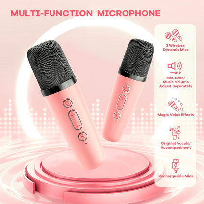 Skanto | Draagbare Mini-Karaoke-machine met Bluetooth-luidspreker en 2 Draadloze Microfoons – Veylo