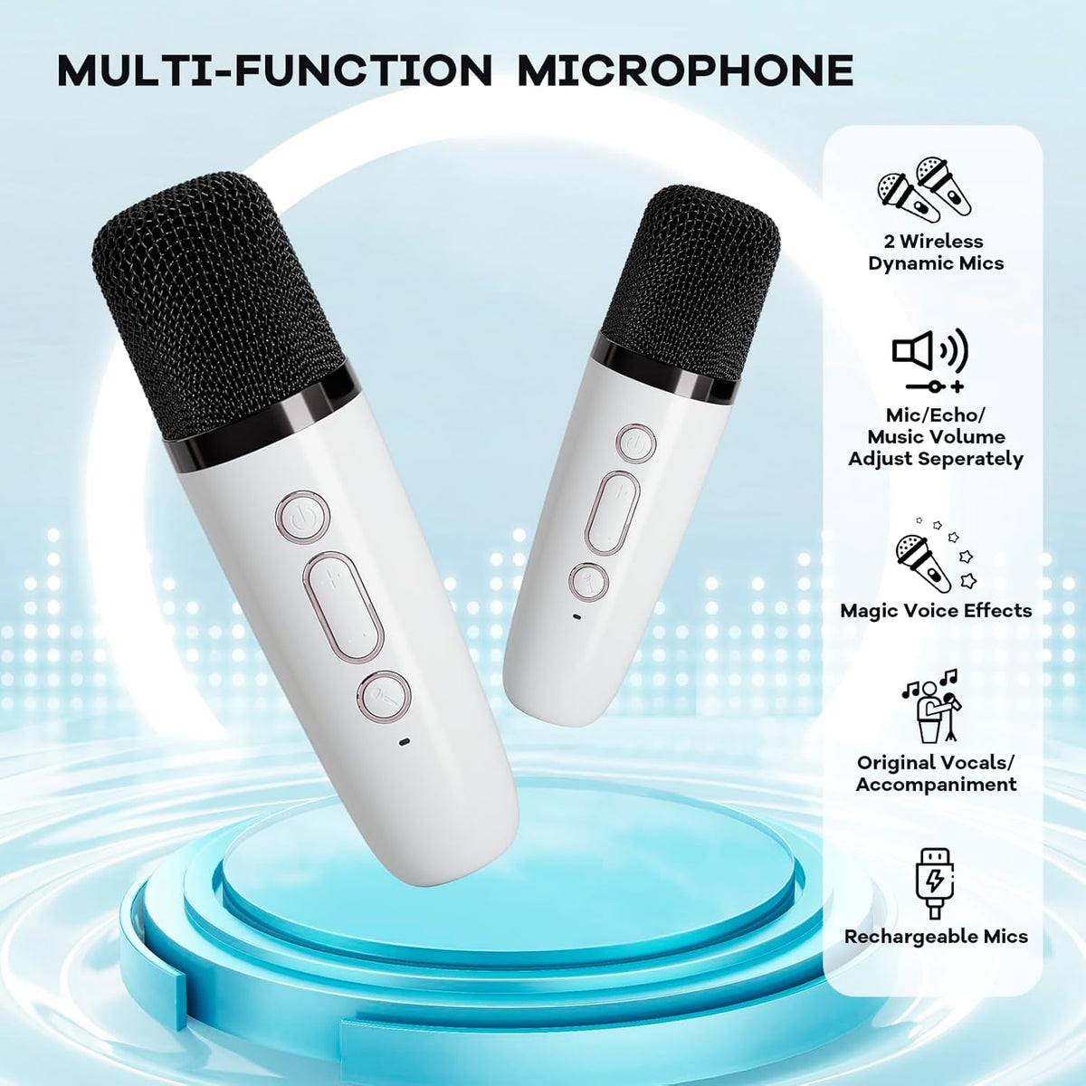 Skanto | Draagbare Mini-Karaoke-machine met Bluetooth-luidspreker en 2 Draadloze Microfoons – Veylo