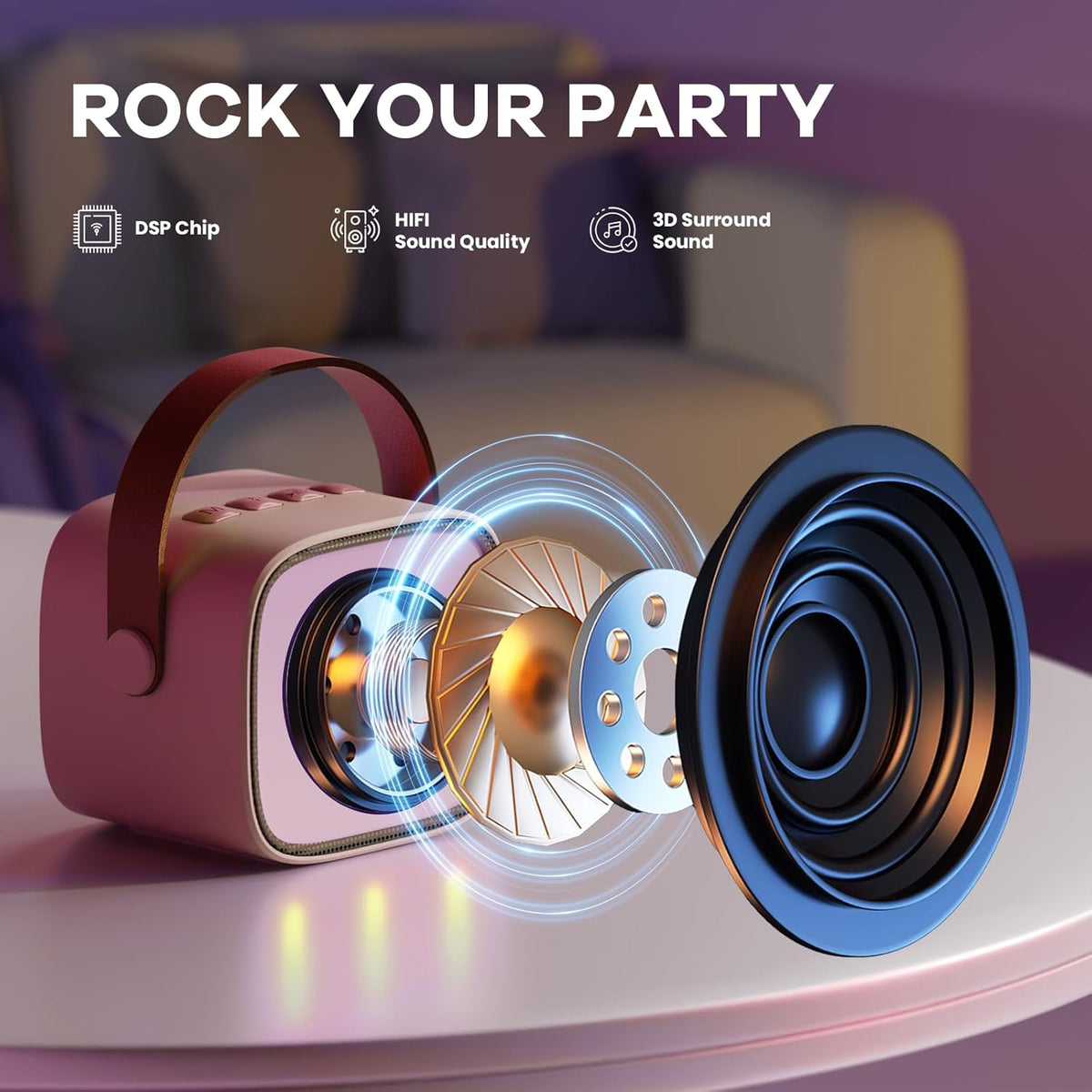 Skanto | Draagbare Mini-Karaoke-machine met Bluetooth-luidspreker en 2 Draadloze Microfoons – Veylo