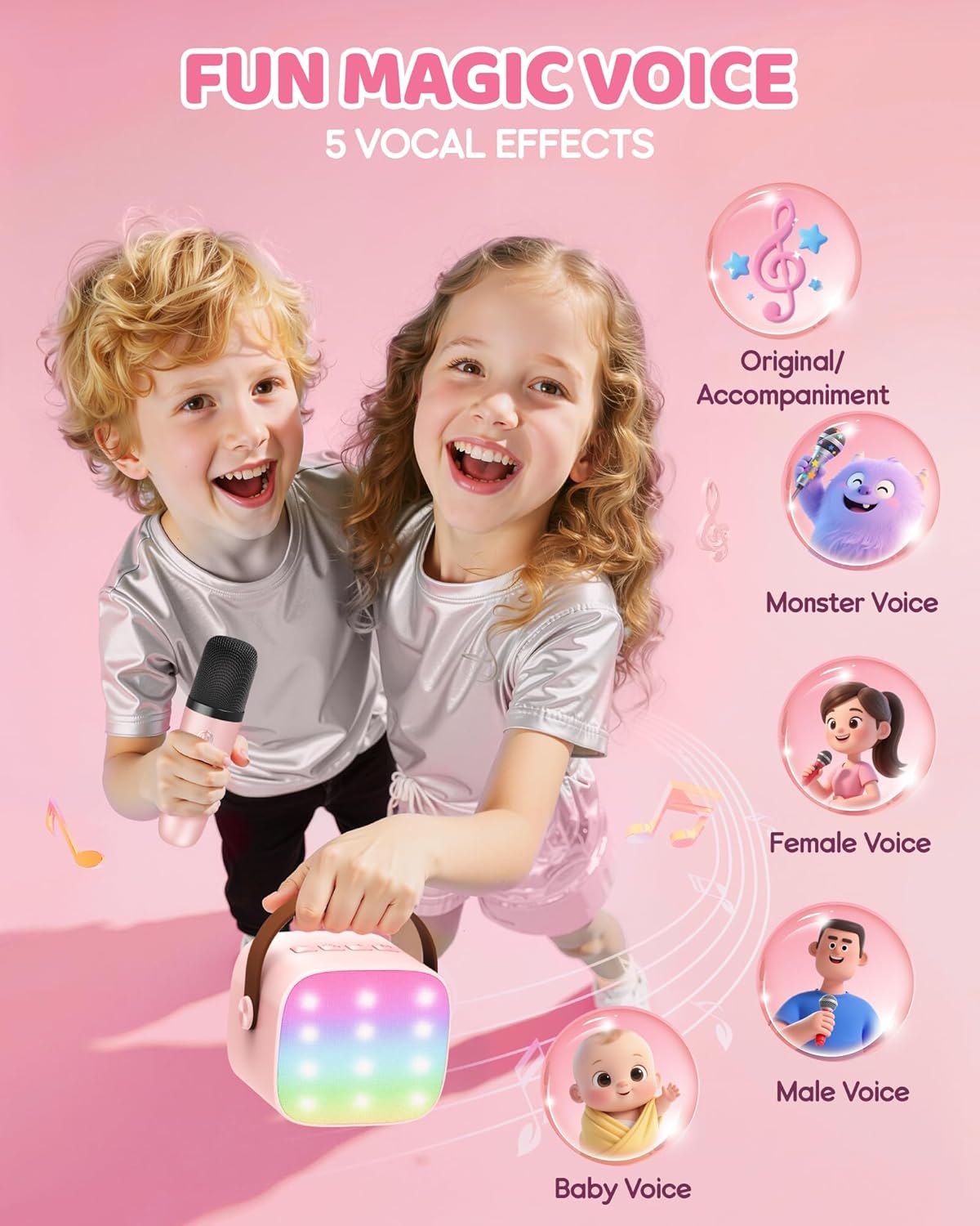 Skanto | Draagbare Mini-Karaoke-machine met Bluetooth-luidspreker en 2 Draadloze Microfoons – Veylo