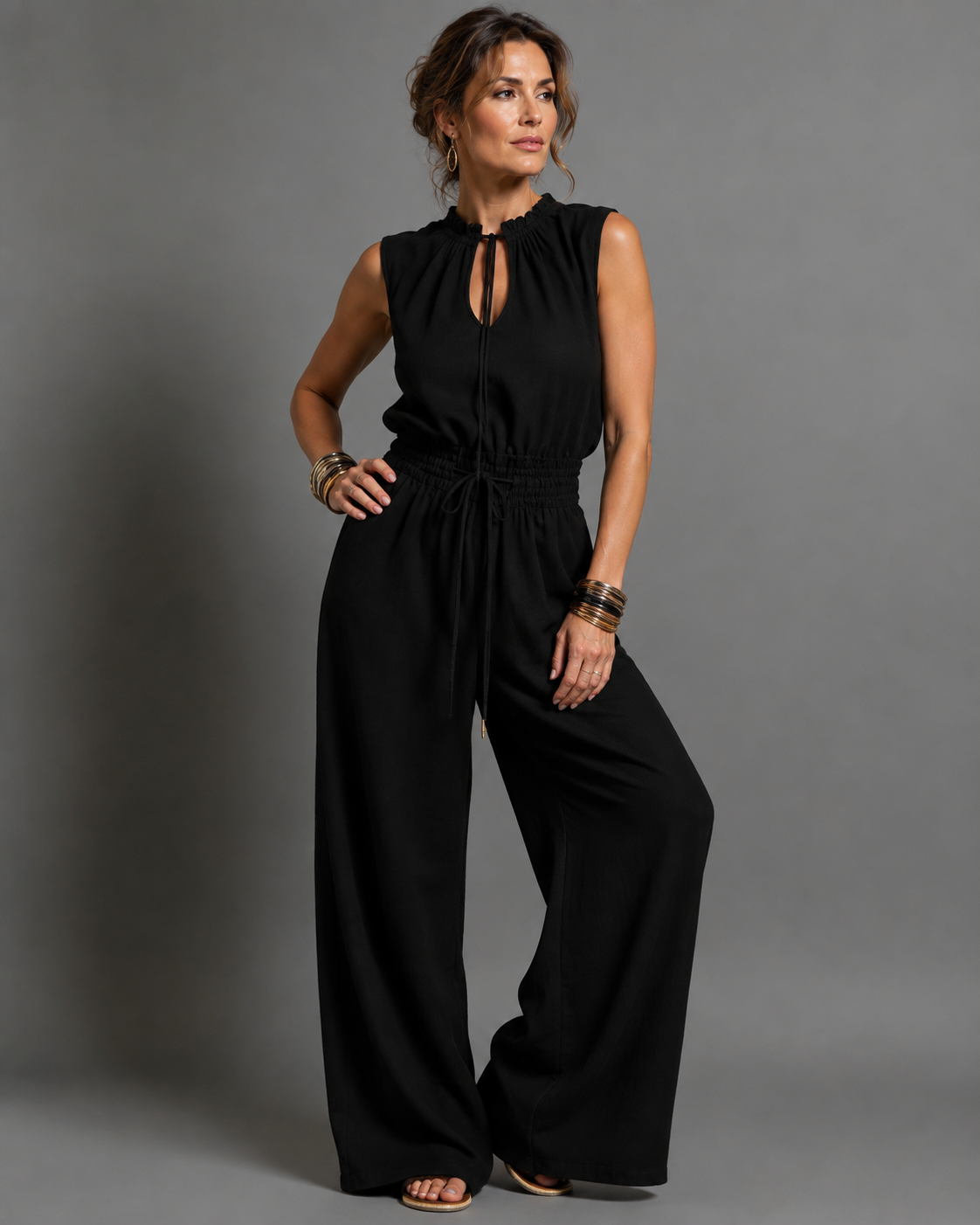 Elegante Mouwloze Jumpsuit met Wijde Pijpen - Verstelbare Taille