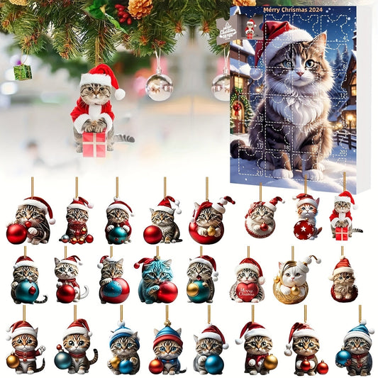 Adventskalender Kattenhangers 2025 – Vintage 24-Dagen Kerst Countdown met Acryl Ornamenten