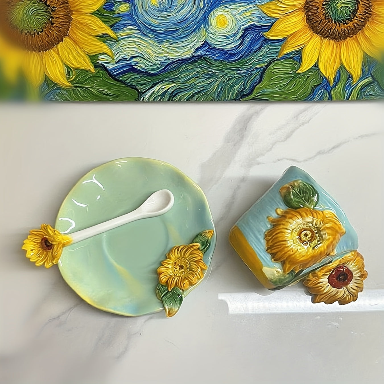 ArtSip Keramische Kop & Schotel Set – Handgeschilderd 3D Design geïnspireerd op Van Gogh
