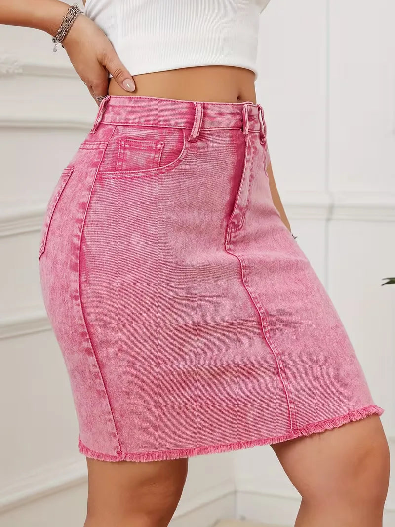 Dames Roze Denim Mini Rok met Hoge Taille en Rafelige Zoom