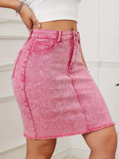 Dames Roze Denim Mini Rok met Hoge Taille en Rafelige Zoom