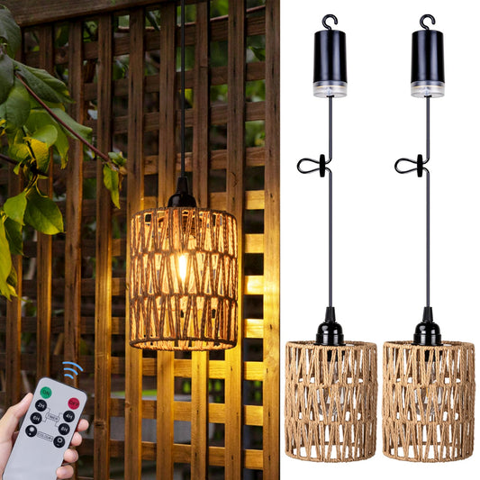 Rieten Hanglamp op Batterijen – Warm Wit Licht – Draadloze Kroonluchter voor Binnen & Buiten