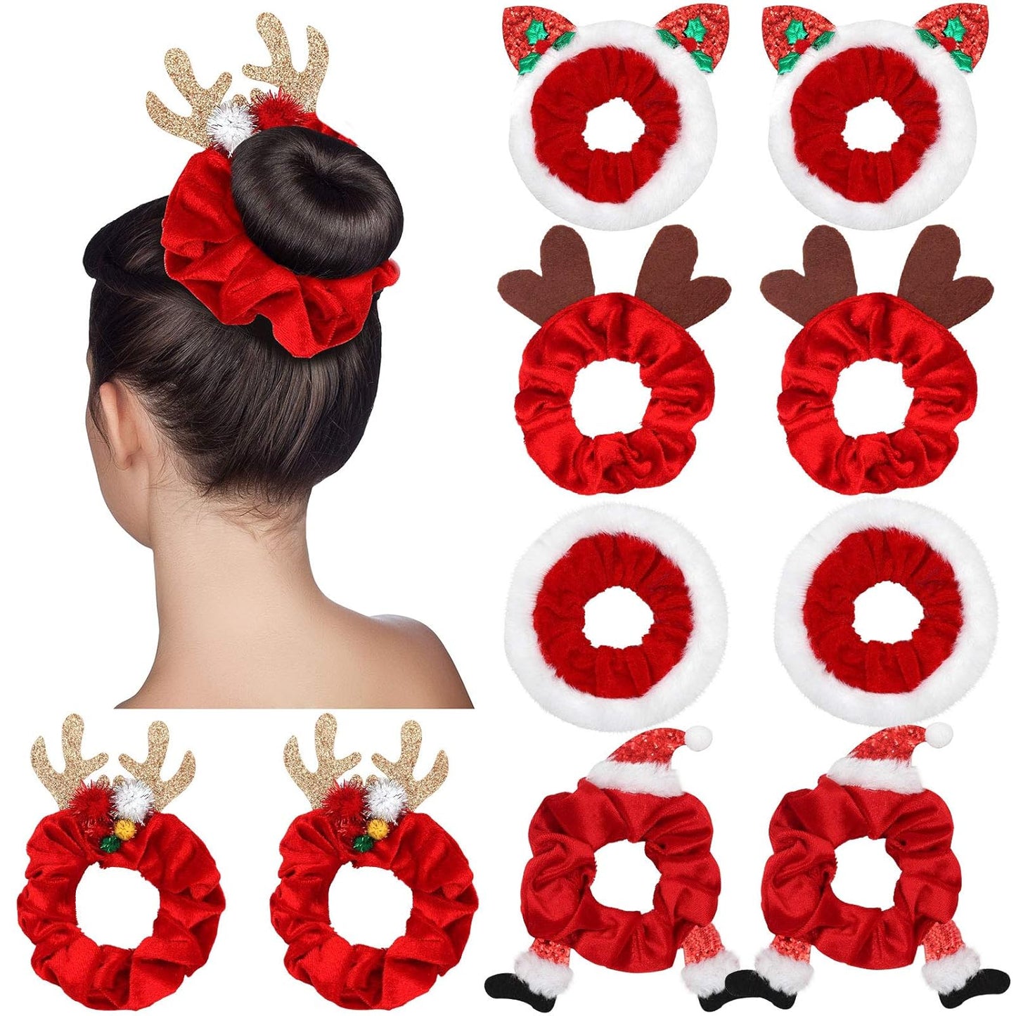 FluweelVrolijk Kerst Scrunchie Set – 10-Delige Haaraccessoire Collectie