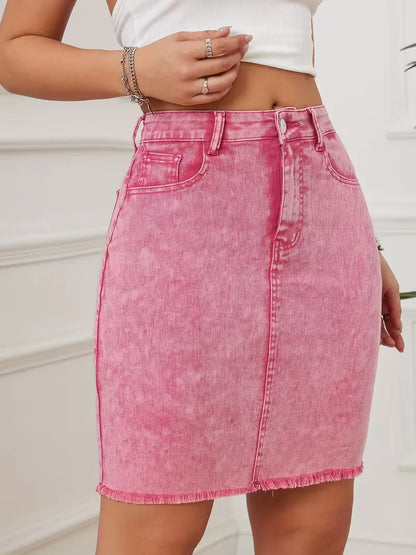 Dames Roze Denim Mini Rok met Hoge Taille en Rafelige Zoom