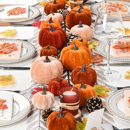 Herfstdecoratie PompoenSet – 12 Stuks Kunstmatige Pompoenen met Velvet Afwerking