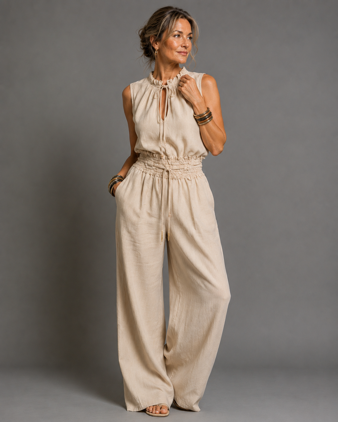 Elegante Mouwloze Jumpsuit met Wijde Pijpen - Verstelbare Taille
