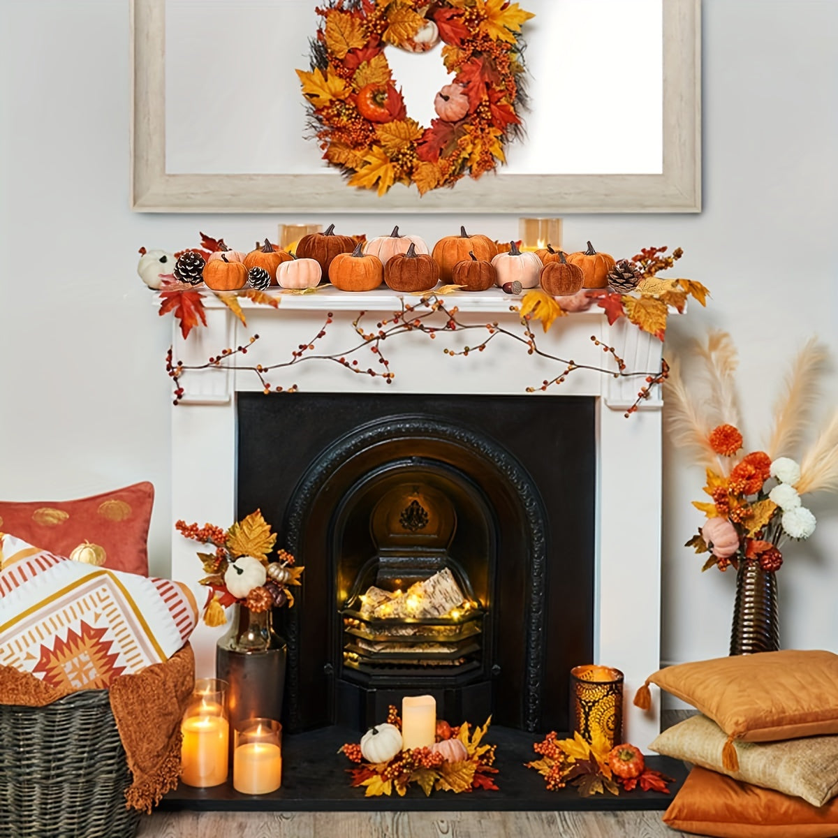 Herfstdecoratie PompoenSet – 12 Stuks Kunstmatige Pompoenen met Velvet Afwerking