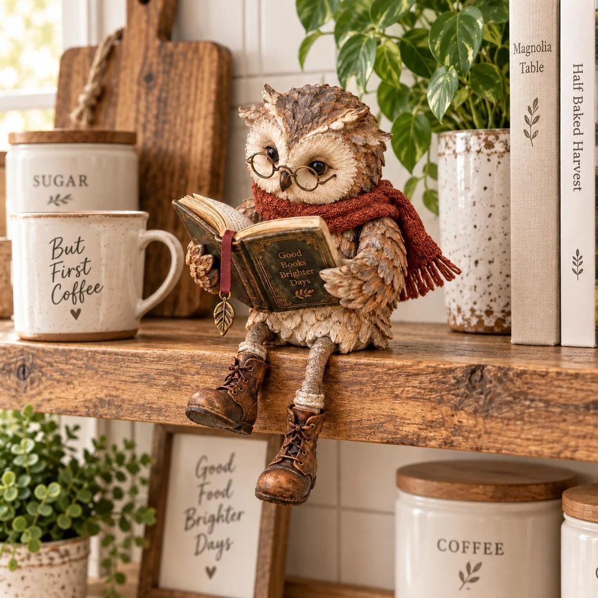 Leesende uil met bril en boek - Decoratieve figuur voor boekenliefhebbers