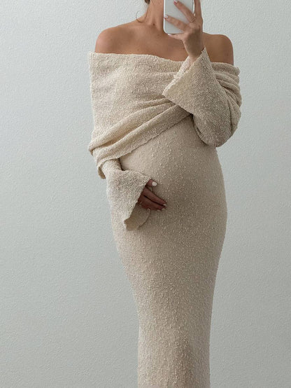 Off-Shoulder Zwangerschapsjurk met Lange Mouwen en Comfort