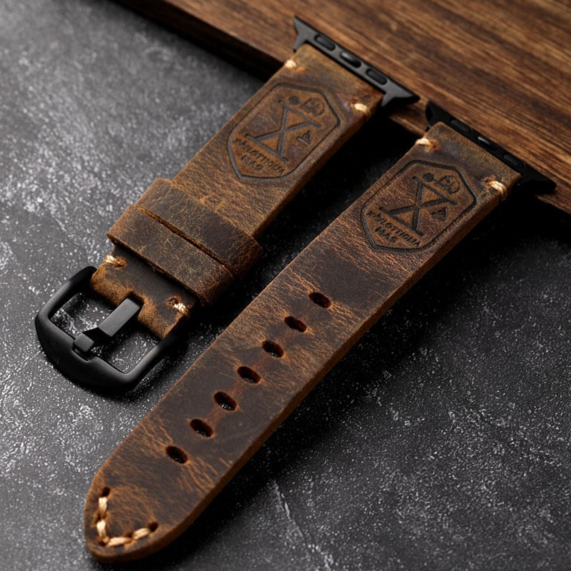 Vintage Volnerf Leren Apple Watch Band - Handgemaakt met Patina-Potentieel