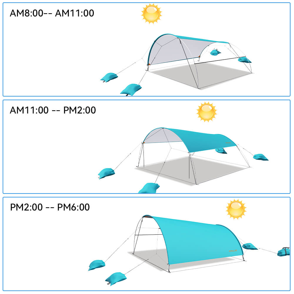 SolShade lichtgewicht zonneschuilplaats met UPF 50 en zandverankering – draagbaar en windbestendig