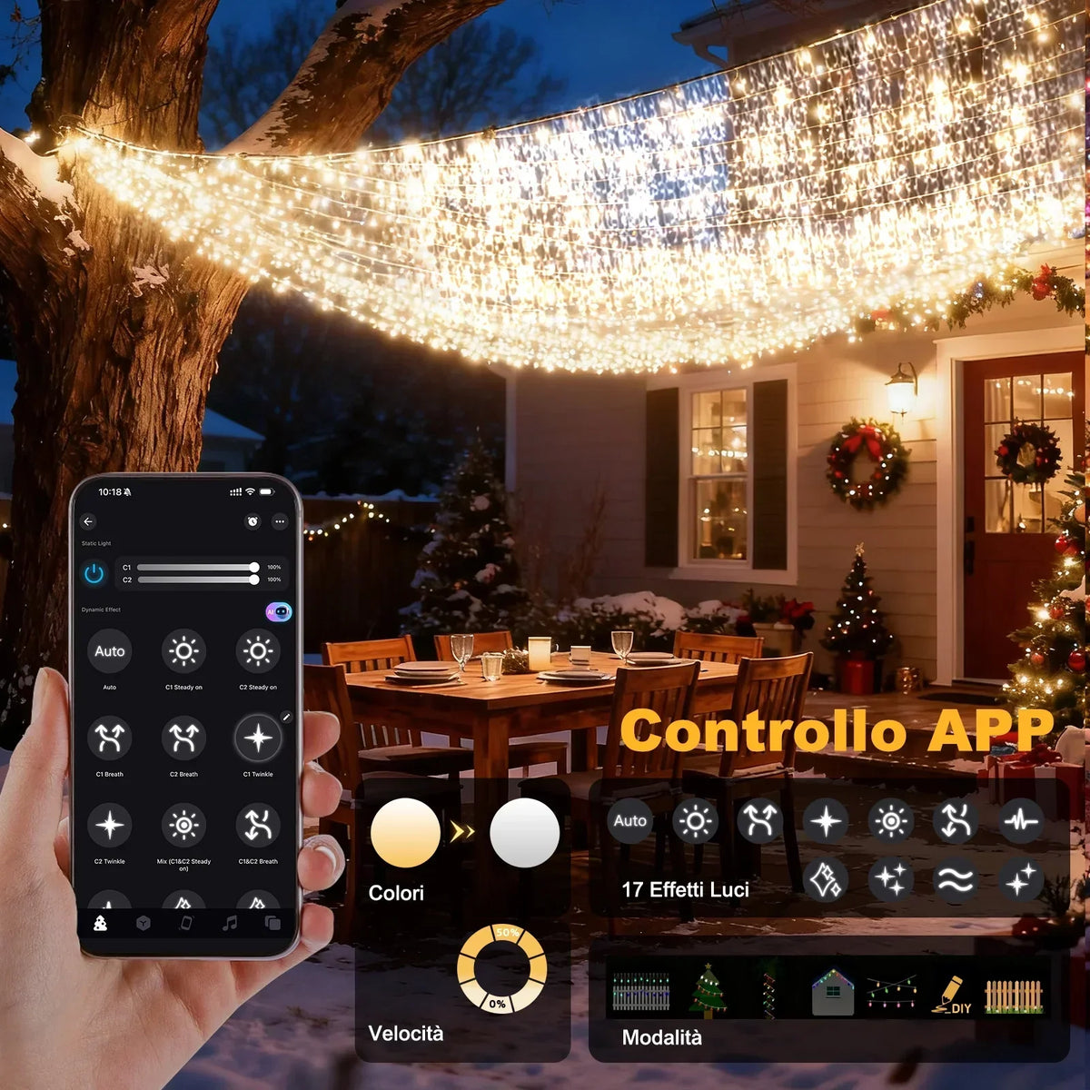 Waterval LED-lichtgordijn met app-bediening - verstelbare lengtes tot 1800 lampjes