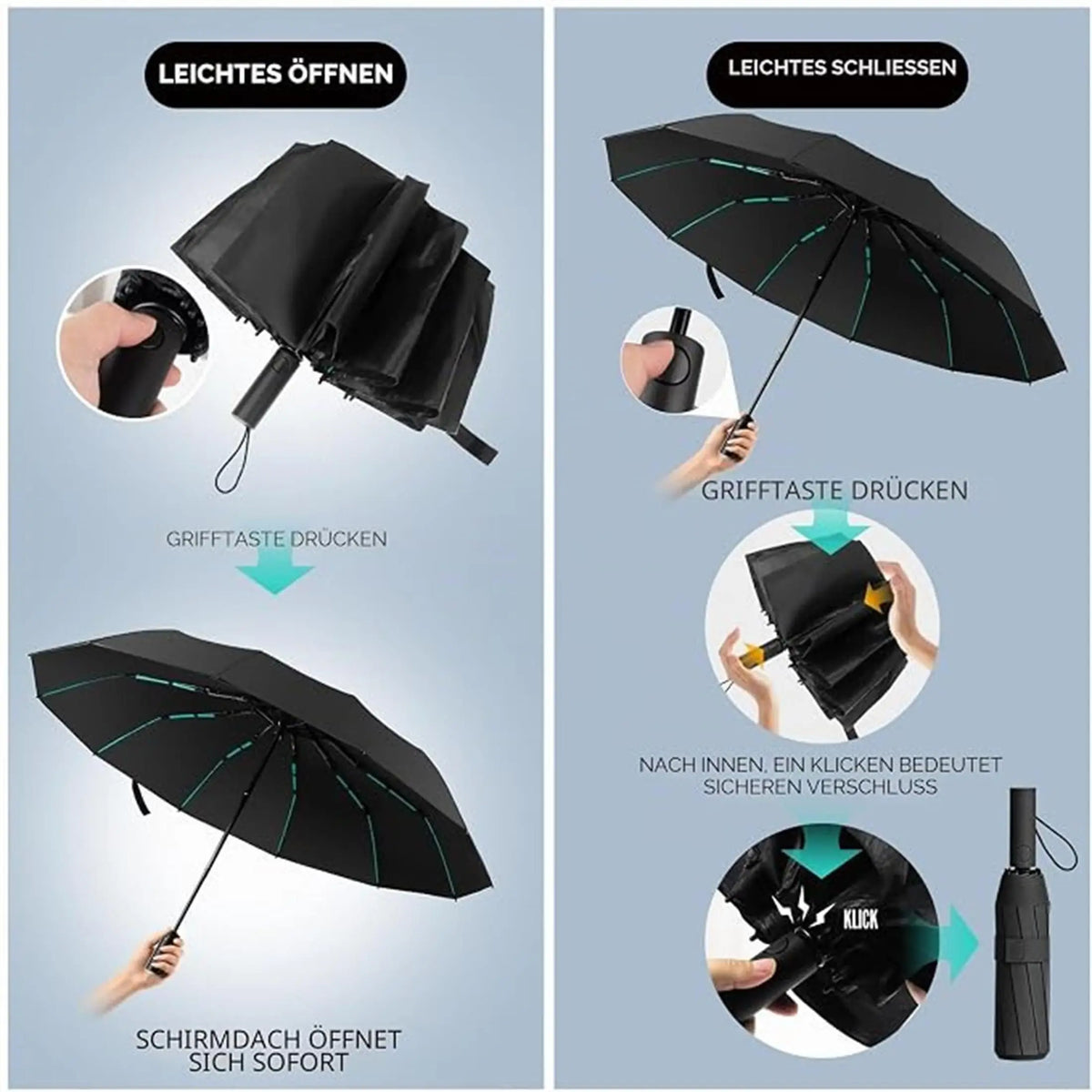 Compacte Windbestendige Zakparaplu 144 Ribben Zwart Opvouwbaar