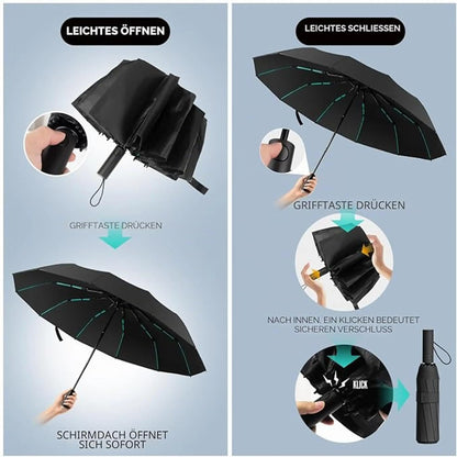 Compacte Windbestendige Zakparaplu 144 Ribben Zwart Opvouwbaar