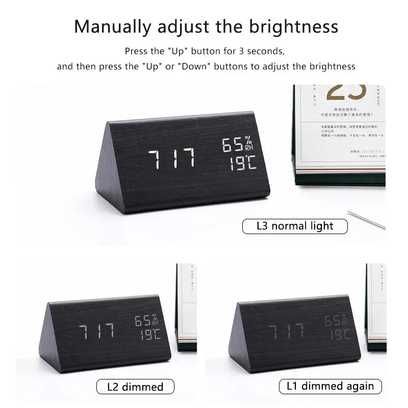 Houten LED-wekker met spraakbesturing en helderheidsregeling