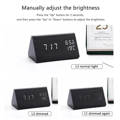 Houten LED-wekker met spraakbesturing en helderheidsregeling