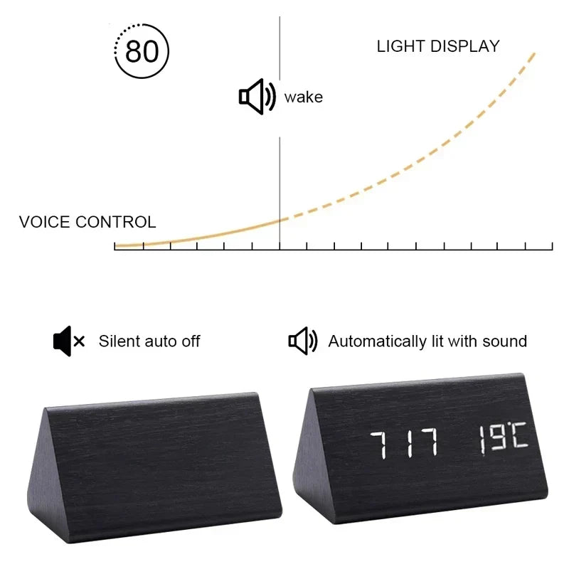 Houten LED-wekker met spraakbesturing en helderheidsregeling