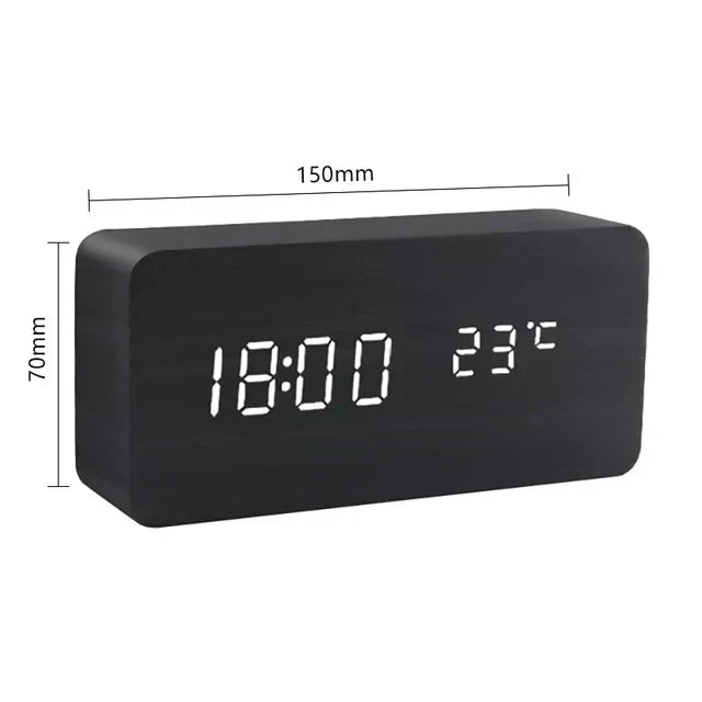 Houten LED-wekker met spraakbesturing en helderheidsregeling