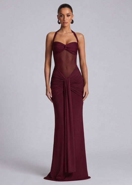 AvondVela Maxi Jurk met Halterhals en Gedrapeerde Taille