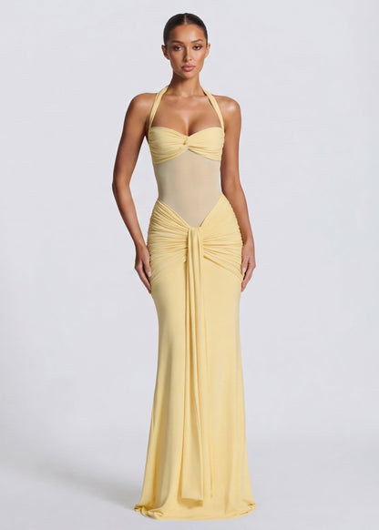 AvondVela Maxi Jurk met Halterhals en Gedrapeerde Taille