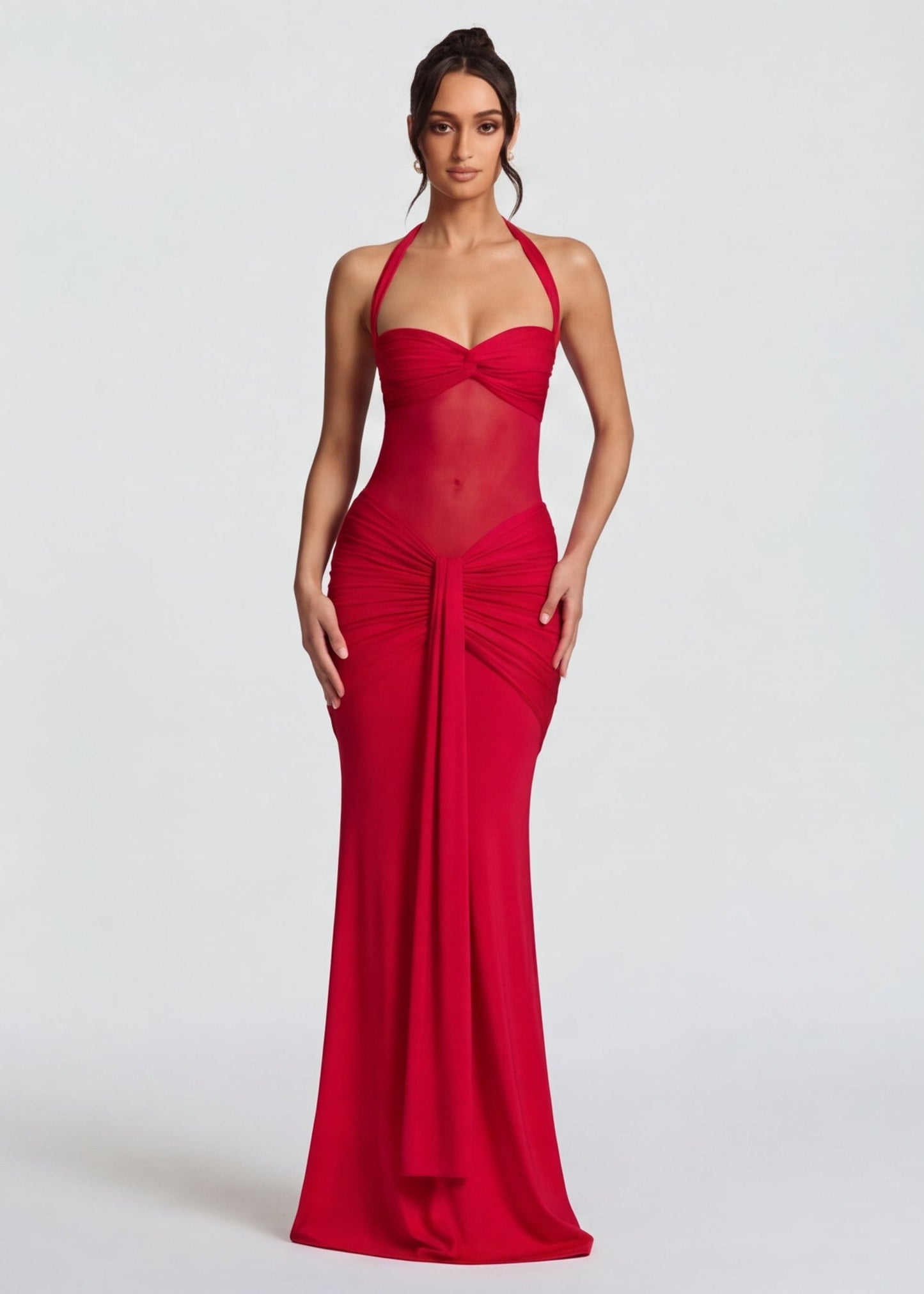 AvondVela Maxi Jurk met Halterhals en Gedrapeerde Taille