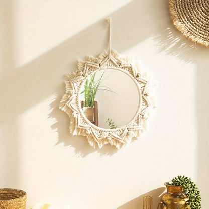 Boho Chic Muurspiegel – Ronde Spiegel met Macramé Franjes voor Stijlvolle Woonruimte