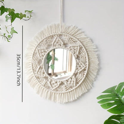 Boho Chic Muurspiegel – Ronde Spiegel met Macramé Franjes voor Stijlvolle Woonruimte