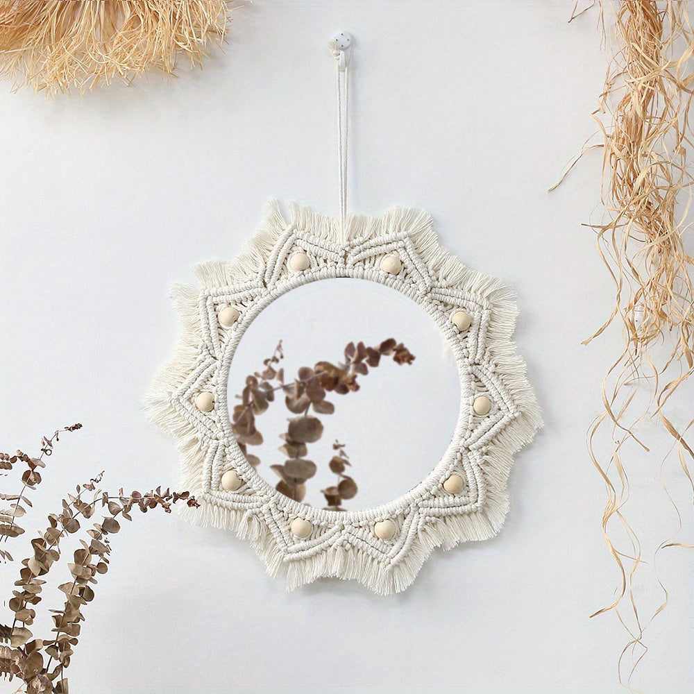 Boho Chic Muurspiegel – Ronde Spiegel met Macramé Franjes voor Stijlvolle Woonruimte