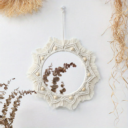 Boho Chic Muurspiegel – Ronde Spiegel met Macramé Franjes voor Stijlvolle Woonruimte