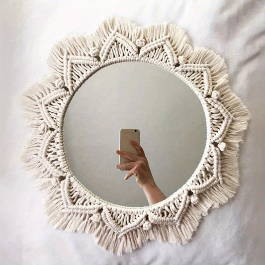 Boho Chic Muurspiegel – Ronde Spiegel met Macramé Franjes voor Stijlvolle Woonruimte