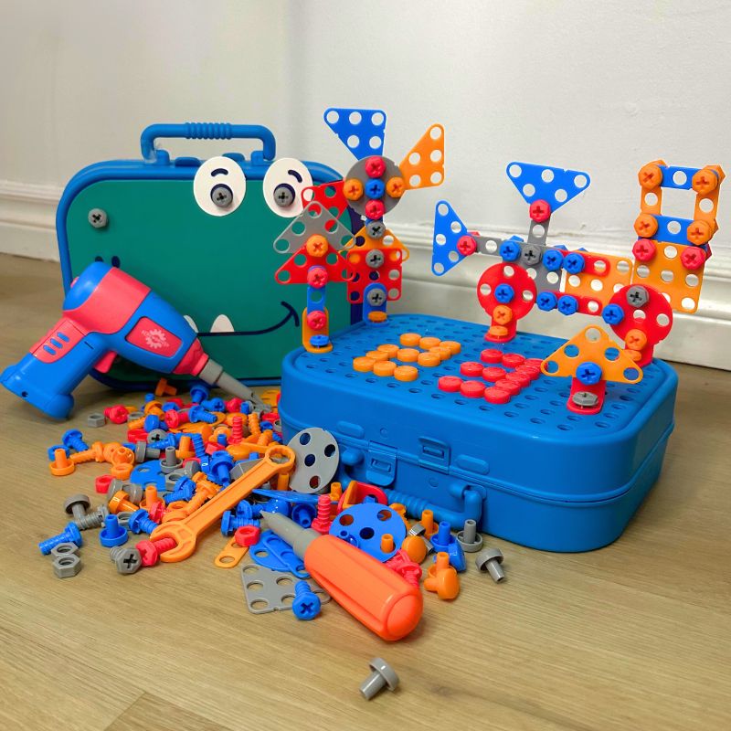 BuildiBox Creatieve Bouwset met Speelgoedboormachine – Draagbare Constructiekoffer voor Kinderen
