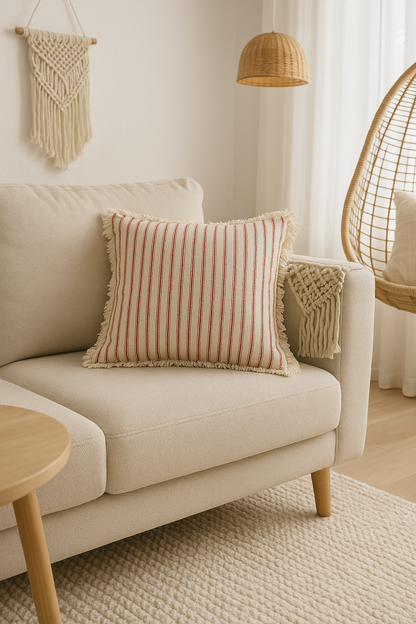 Elegante Kussenhoes met Jacquardpatroon en Franjes - Katoen-Linnenmix