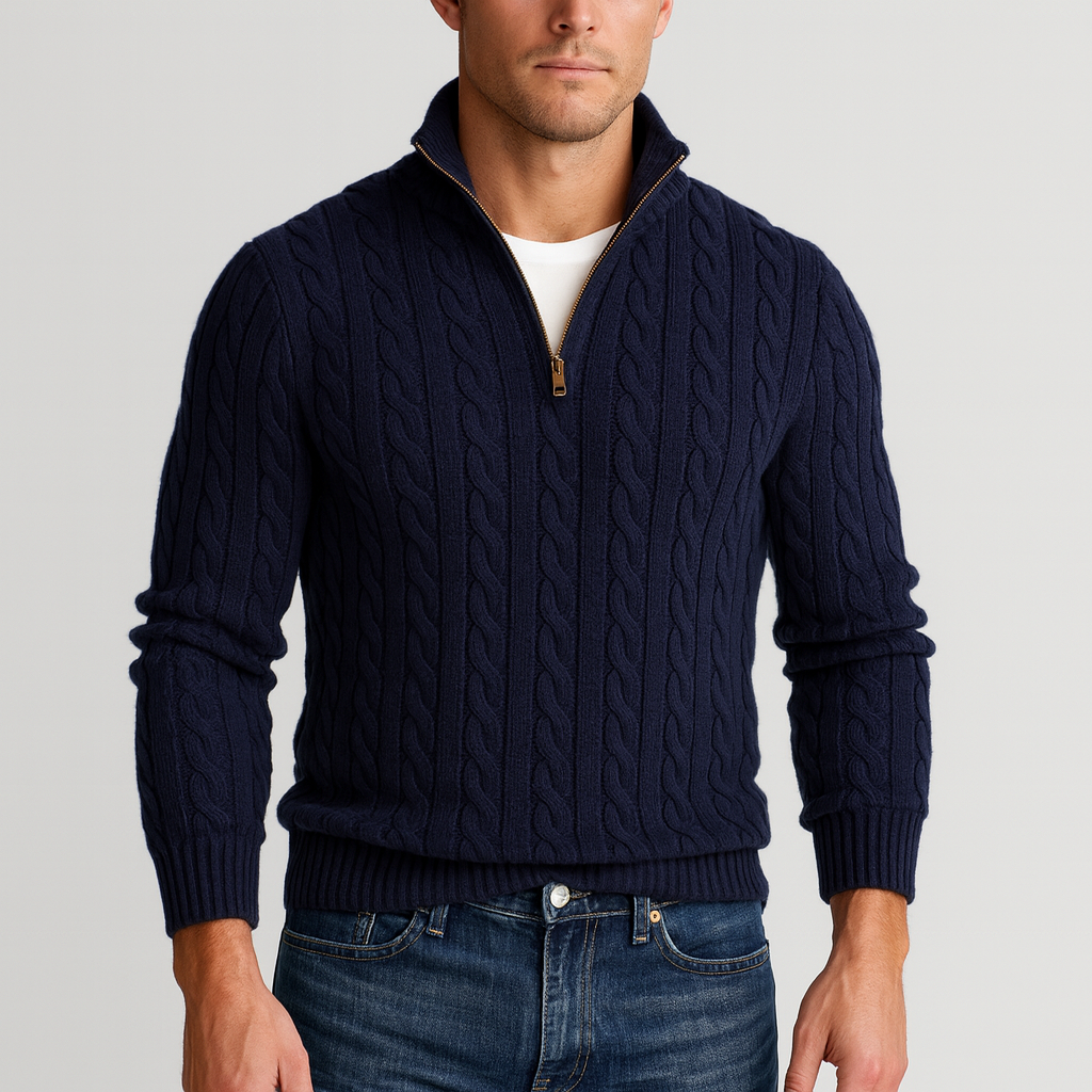 Klassieke Kabelgebreide Half-Zip Trui voor Heren met Hoge Kraag