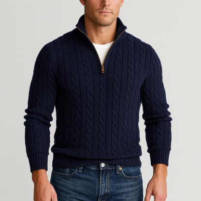 Klassieke Kabelgebreide Half-Zip Trui voor Heren met Hoge Kraag
