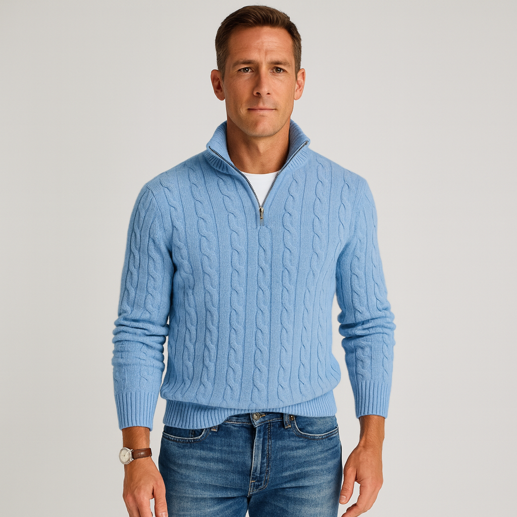 Klassieke Kabelgebreide Half-Zip Trui voor Heren met Hoge Kraag
