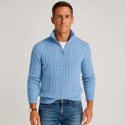 Klassieke Kabelgebreide Half-Zip Trui voor Heren met Hoge Kraag