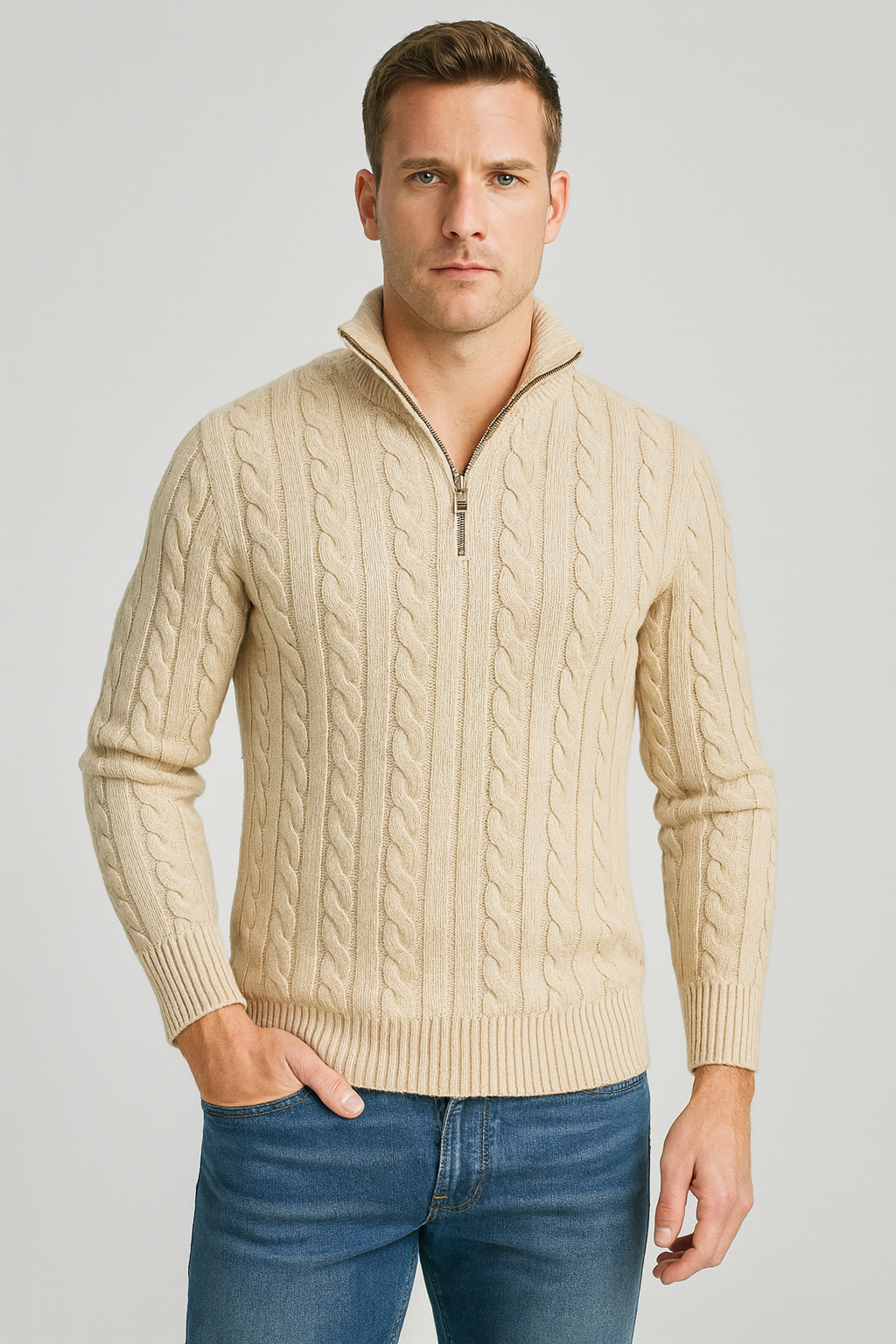 Klassieke Kabelgebreide Half-Zip Trui voor Heren met Hoge Kraag