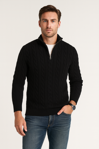 Klassieke Kabelgebreide Half-Zip Trui voor Heren met Hoge Kraag