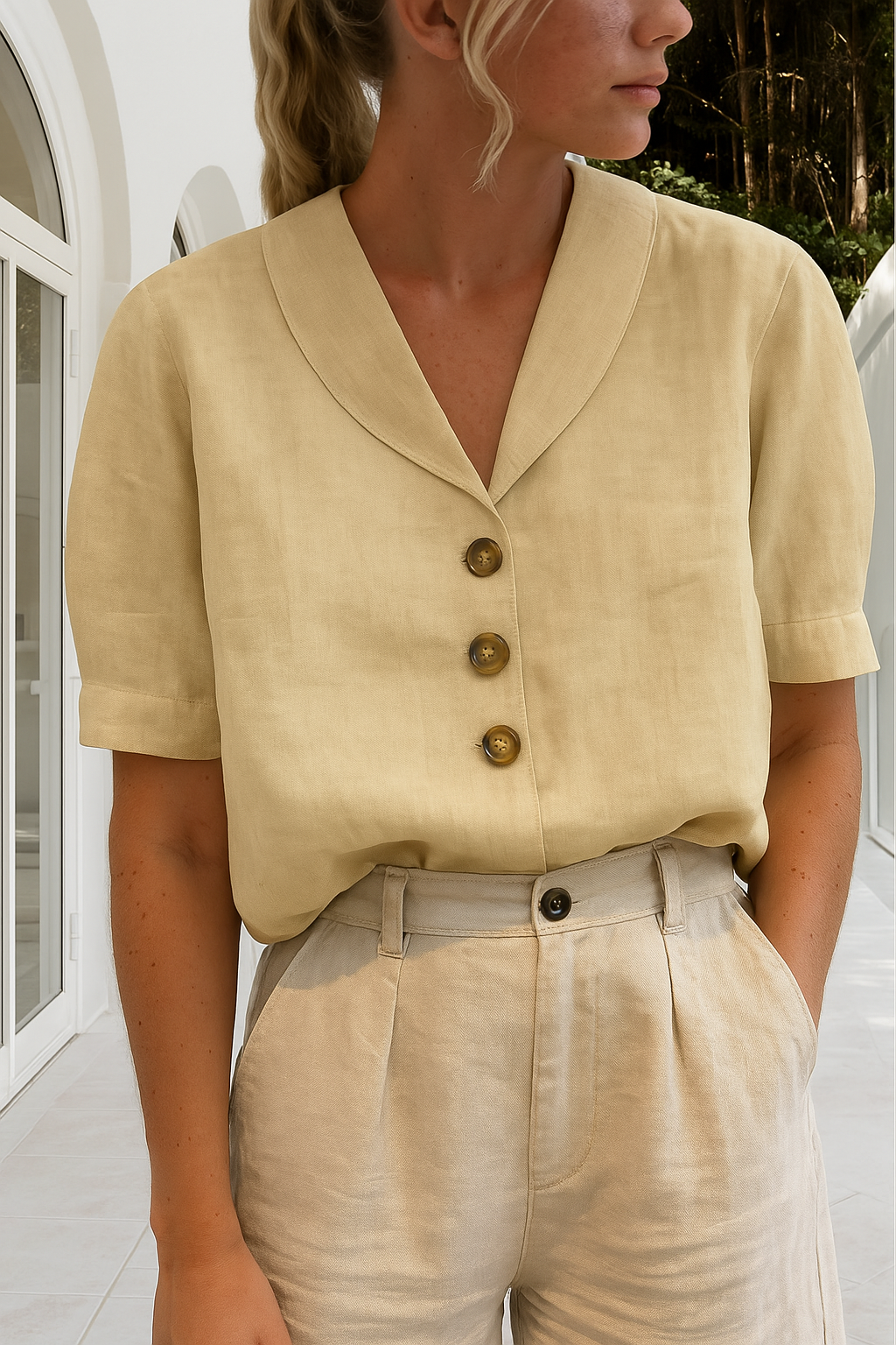 Dames T-shirt katoen-linnen – ademend zomershirt met envelophals
