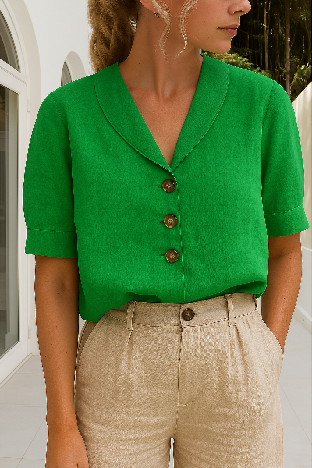Dames T-shirt katoen-linnen – ademend zomershirt met envelophals