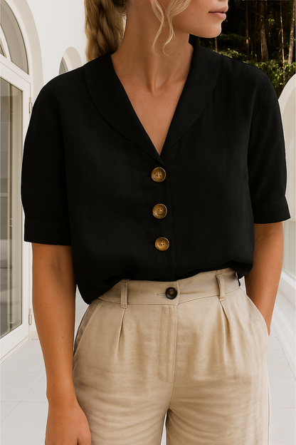 Dames T-shirt katoen-linnen – ademend zomershirt met envelophals