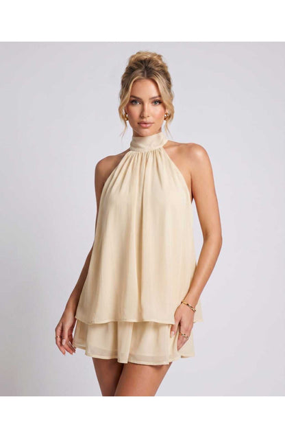 ZomerFlair Mini Jurk met Halterneck en Gelaagde Rok