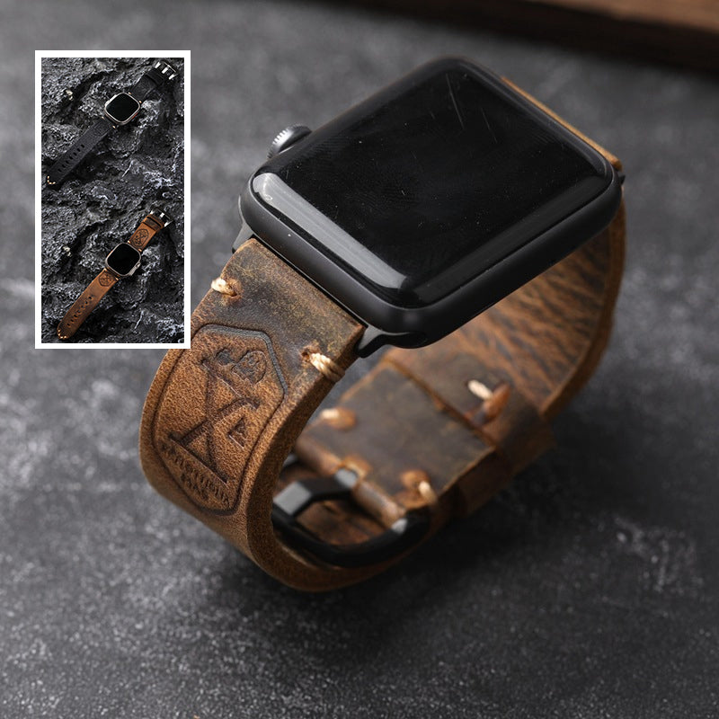 Vintage Volnerf Leren Apple Watch Band - Handgemaakt met Patina-Potentieel