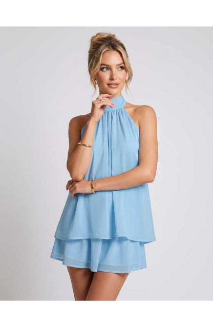 ZomerFlair Mini Jurk met Halterneck en Gelaagde Rok
