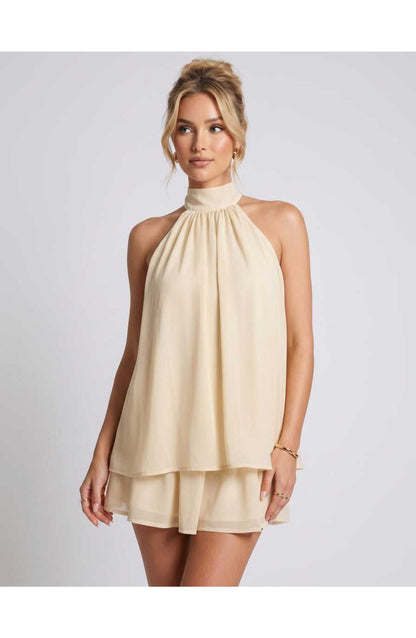 ZomerFlair Mini Jurk met Halterneck en Gelaagde Rok